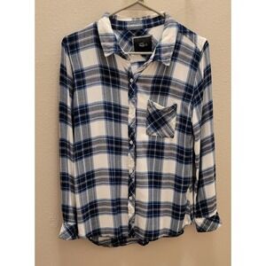 Rails Shirt Women's L Blue White Flannel Windowpane Plaid Button Up Rayon. Soft